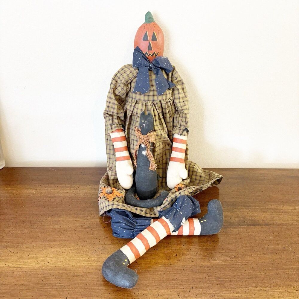 Vtg Primitive Folk Art Halloween Decor Pumpkin Head 29” Witch Rag Doll Black Cat